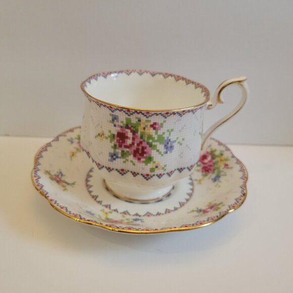 Royal Albert Cross Stitch Bone China Teacup & Saucer Set With Floral Pattern - Picture 1 of 11